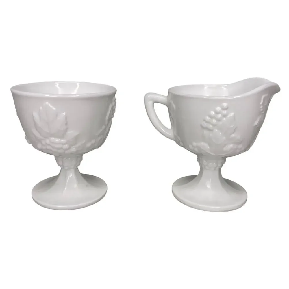 Footed Creamer Sugar Set Indiana Colony Harvest Milk Glass Embossed Grapes